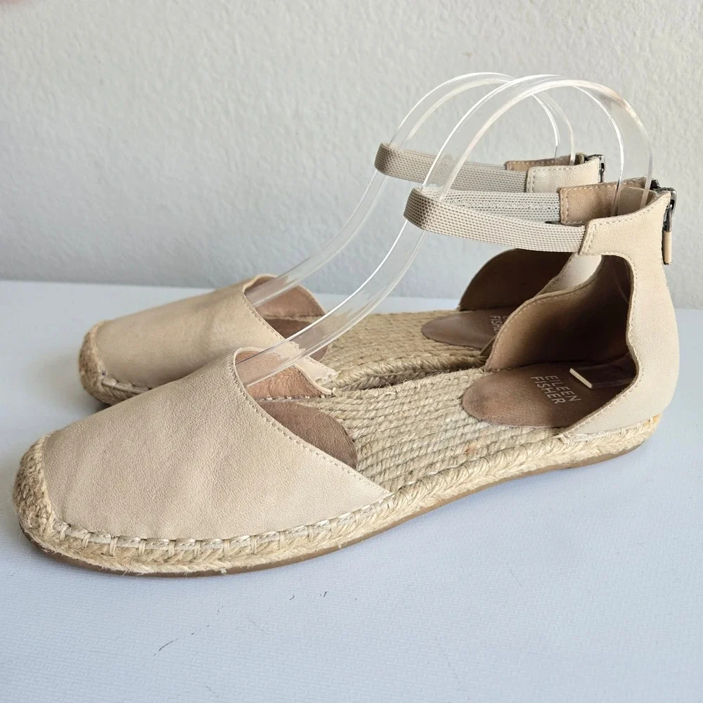 Eileen Fisher Womens Beige Leather Espadrille Ankle Strap Sandals Size 9 Flat